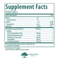 Back label of Genestra Krill Oil bottle showing supplement facts