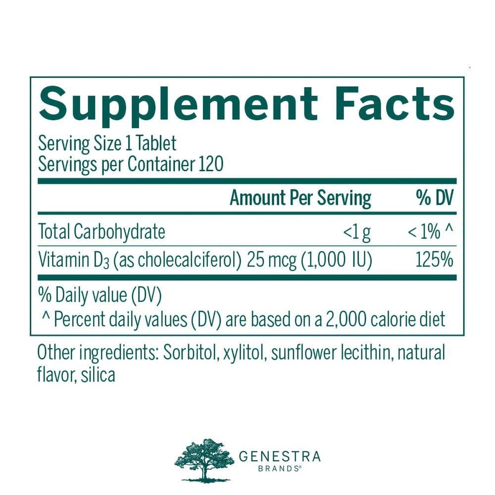 Close-up view of Genestra D3 1000 chewable tablets