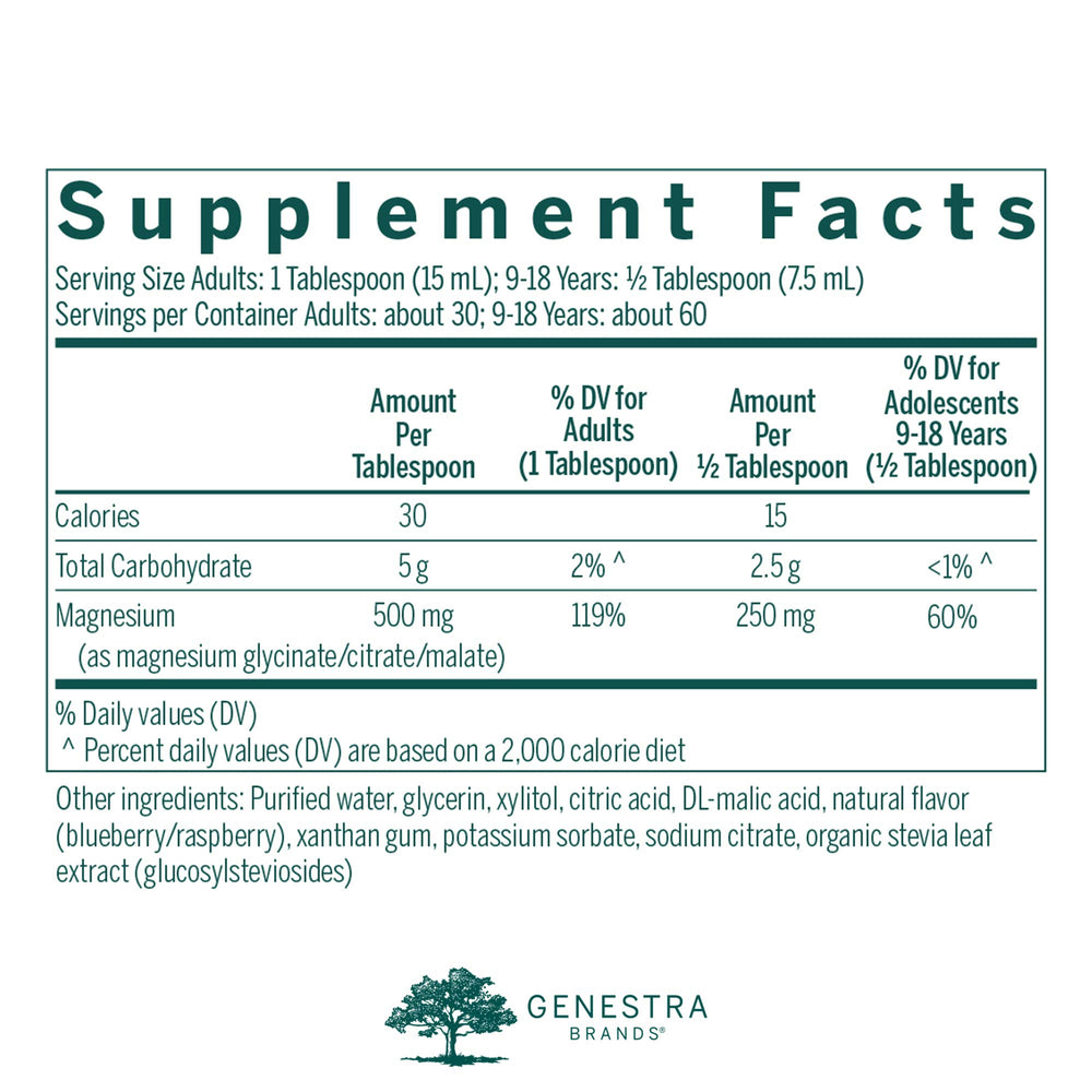 Close-up of the Genestra Magnesium Complex Liquid label