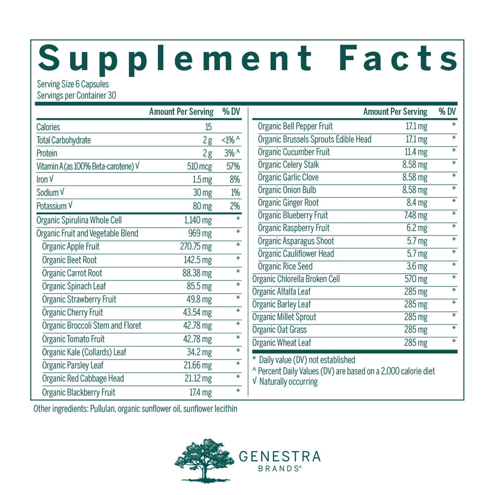 Front view of Genestra Phyto Greens Capsules bottle
