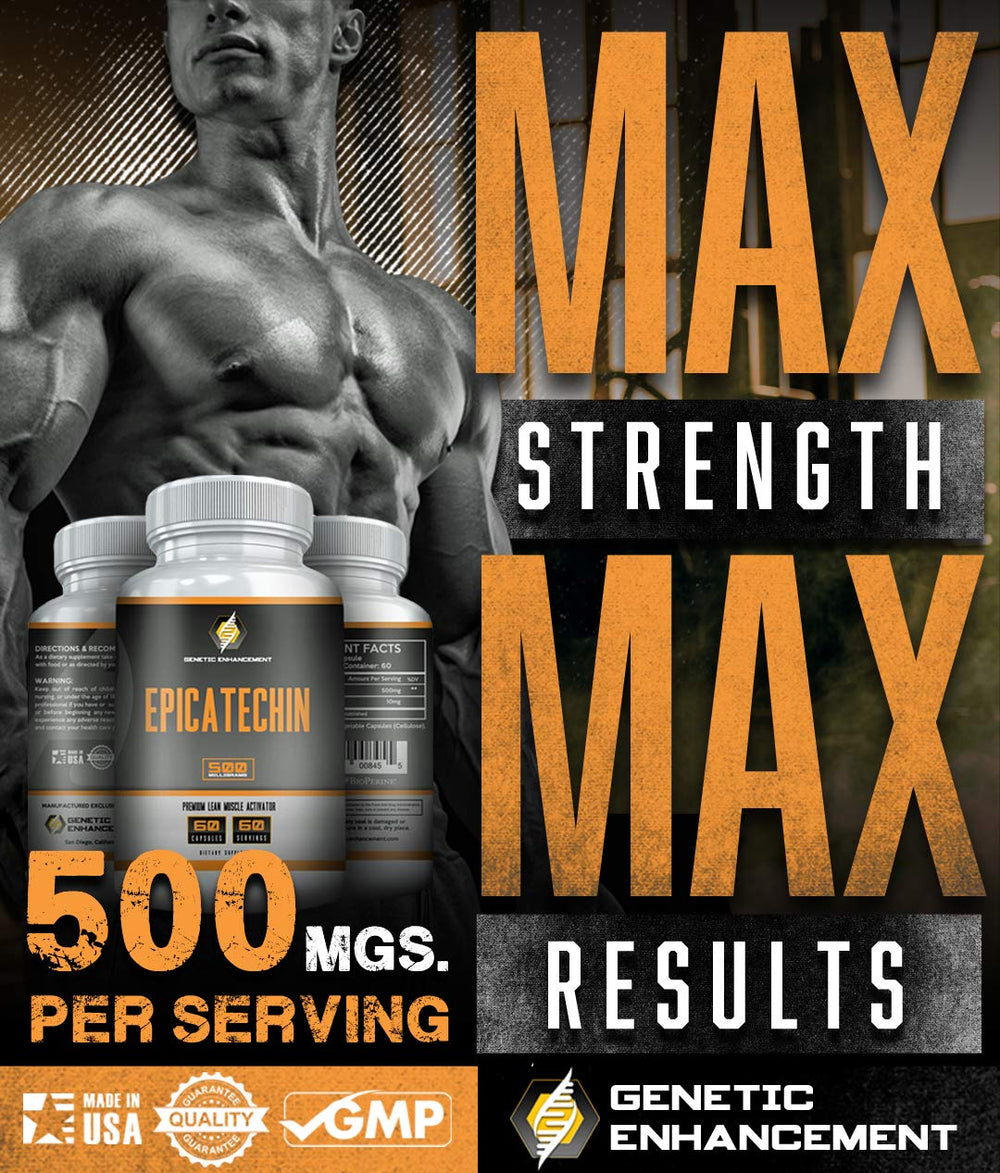 Genetic Enhancement Epicatechin bottle side label details 500mg 60 servings and 1000mg 30 servings