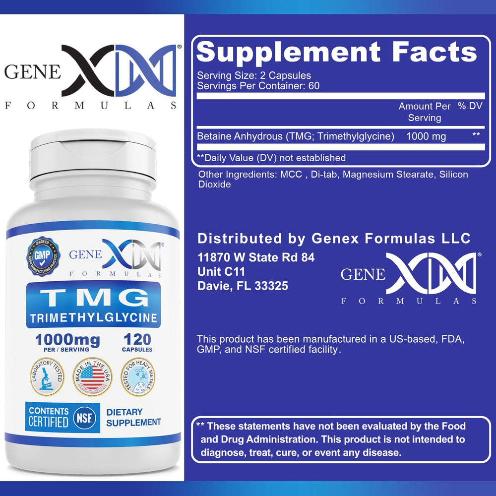 NSF certification label and supplement facts for Genex TMG 1000mg