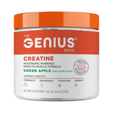 Genius Micronized Creatine Monohydrate Powder in Green Apple flavor canister, 195g