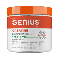 Genius Micronized Creatine Monohydrate Powder in Green Apple flavor canister, 195g