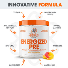Genius Energized serving cup with water illustrates pre-workout ritual and readiness.