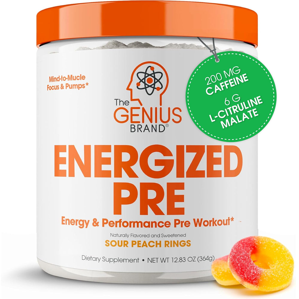 Genius Energized Pre Workout powder container – Sour Peach Rings flavor