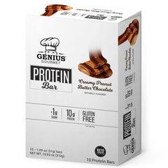 Genius Gourmet Protein Bar packaging Chocolate Peanut Butter flavor with premium MCTs
