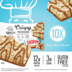 Genius Gourmet SKIPPY bar lunchbox visual promotes gluten-free protein option for kids and adults