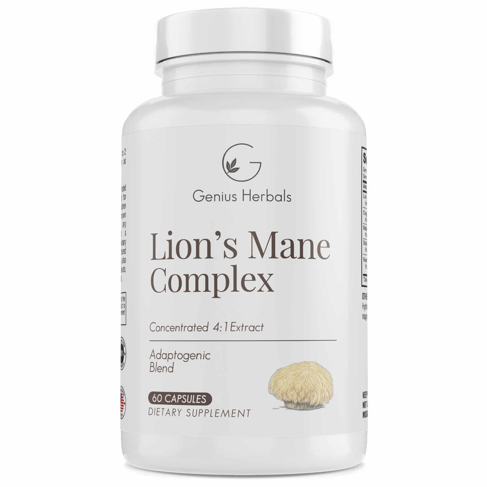 Genius Herbals Lions Mane Complex bottle labeled with 60 capsules