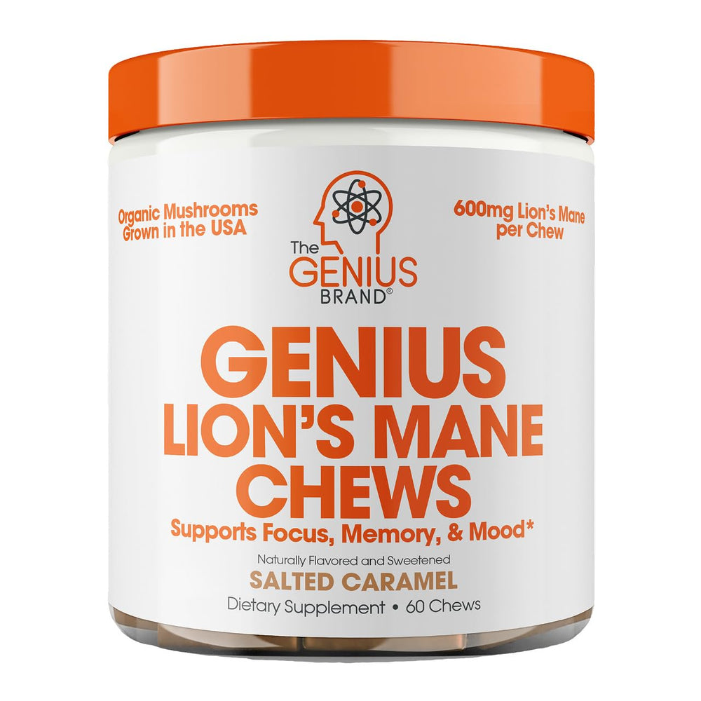 Front view of Genius Lion's Mane Soft Chews Salted Caramel packaging