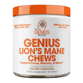 Front view of Genius Lion's Mane Soft Chews Salted Caramel packaging
