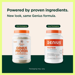 Genius Protein Powder Vanilla tub with scoop ready for post-workout shakes.