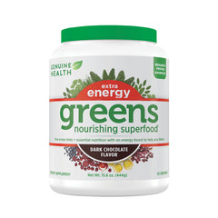 Genuine Health Greens + Extra Energy bottle for daily energy boost and clean nutrition