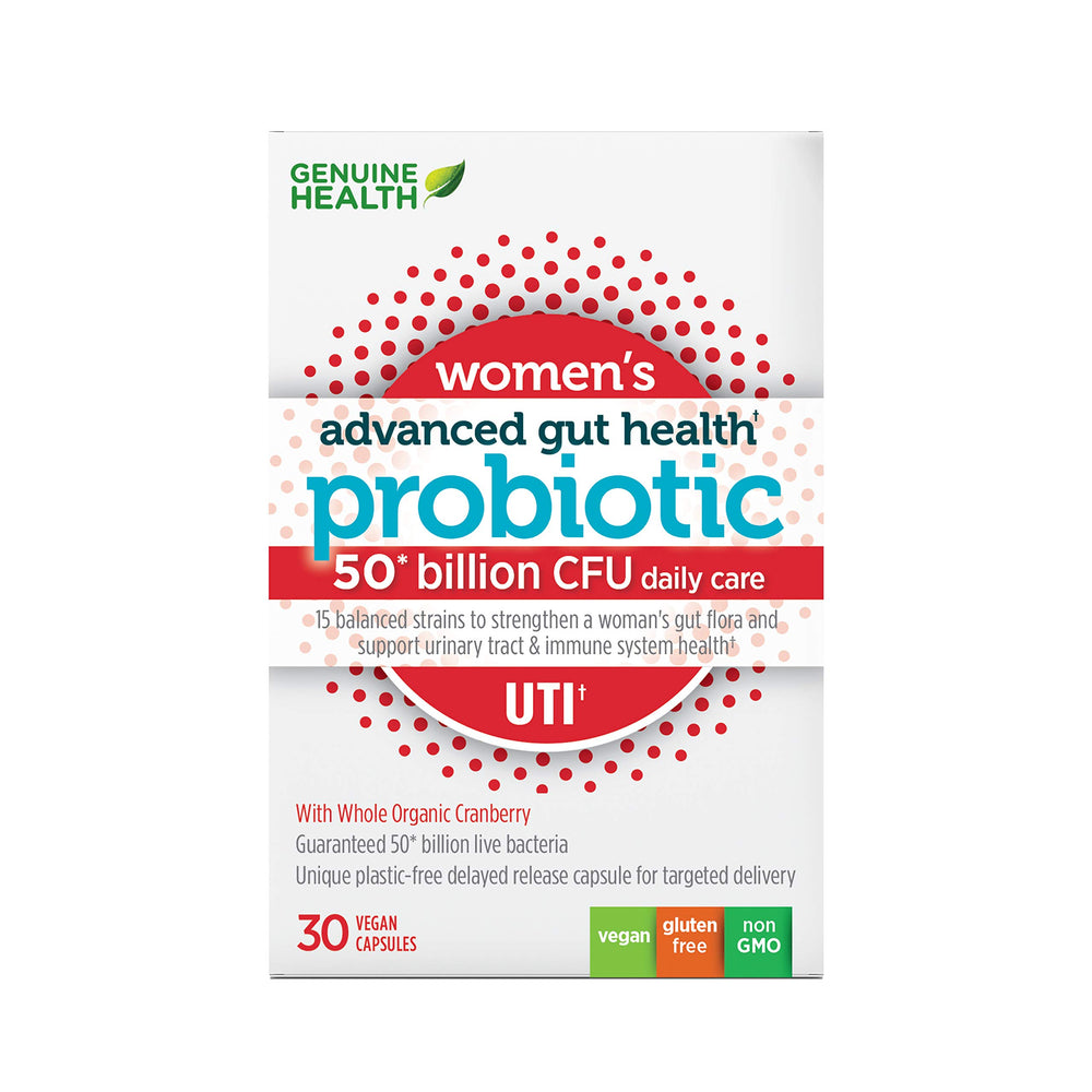 Front view of Genuine Health Women's Daily Probiotic bottle for UTI support