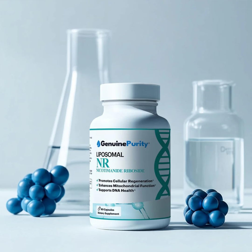 GenuinePurity Liposomal NR daily-use setup suggesting consistent energy for active routines.