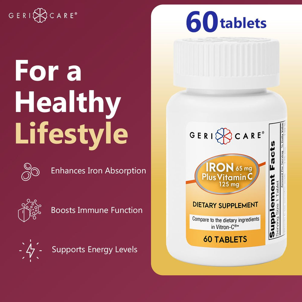 Close-up of GeriCare Iron and Vitamin C tablets