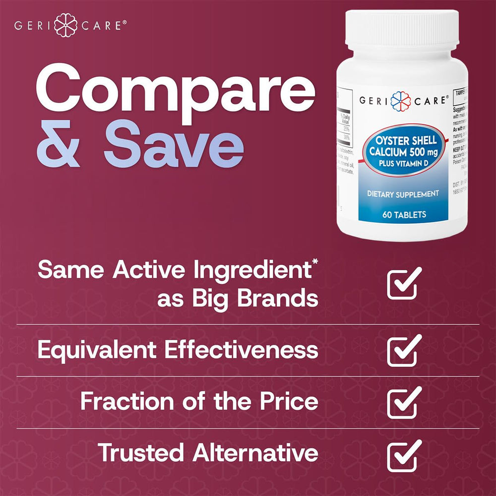 Bottle showing 60 tablets of GeriCare Oyster Shell Calcium with Vitamin D