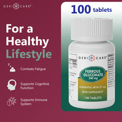 Close-up of iron supplement bottle and label