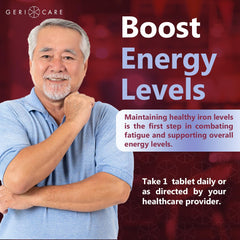 Nutrition facts label on Gericare Iron bottle