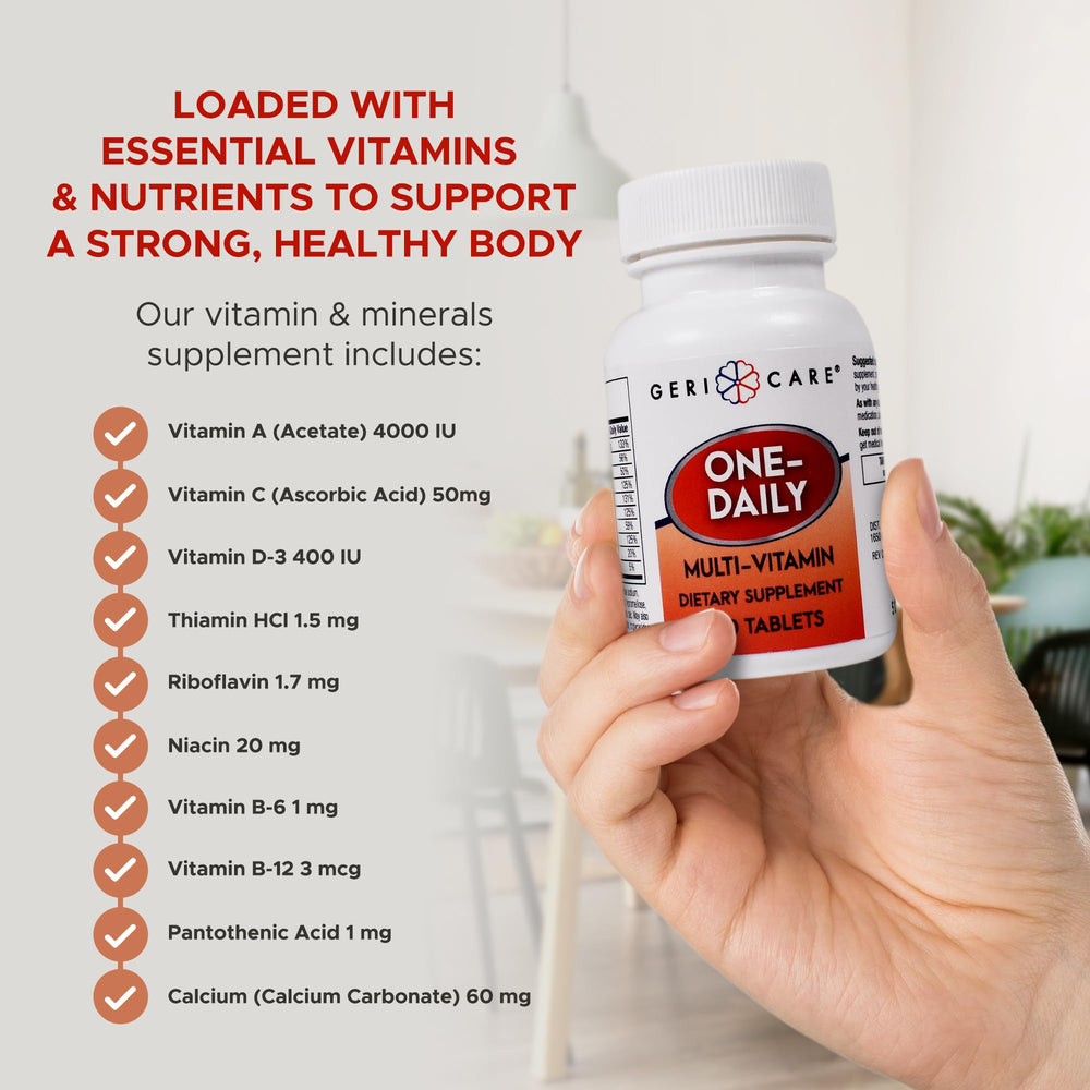 GeriCare One-Daily Multivitamin packaging showing 100-count