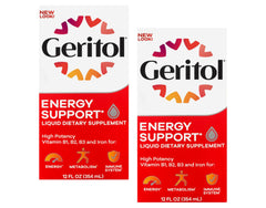Front label of Geritol Liquid Energy Support bottle