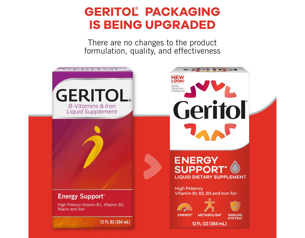 Geritol bottle beside outer packaging box
