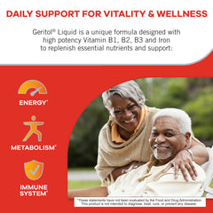 Geritol Liquid Iron bottle label highlights B-vitamins and iron support.