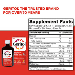 Geritol Liquid Non-GMO bottle with no artificial sweeteners.