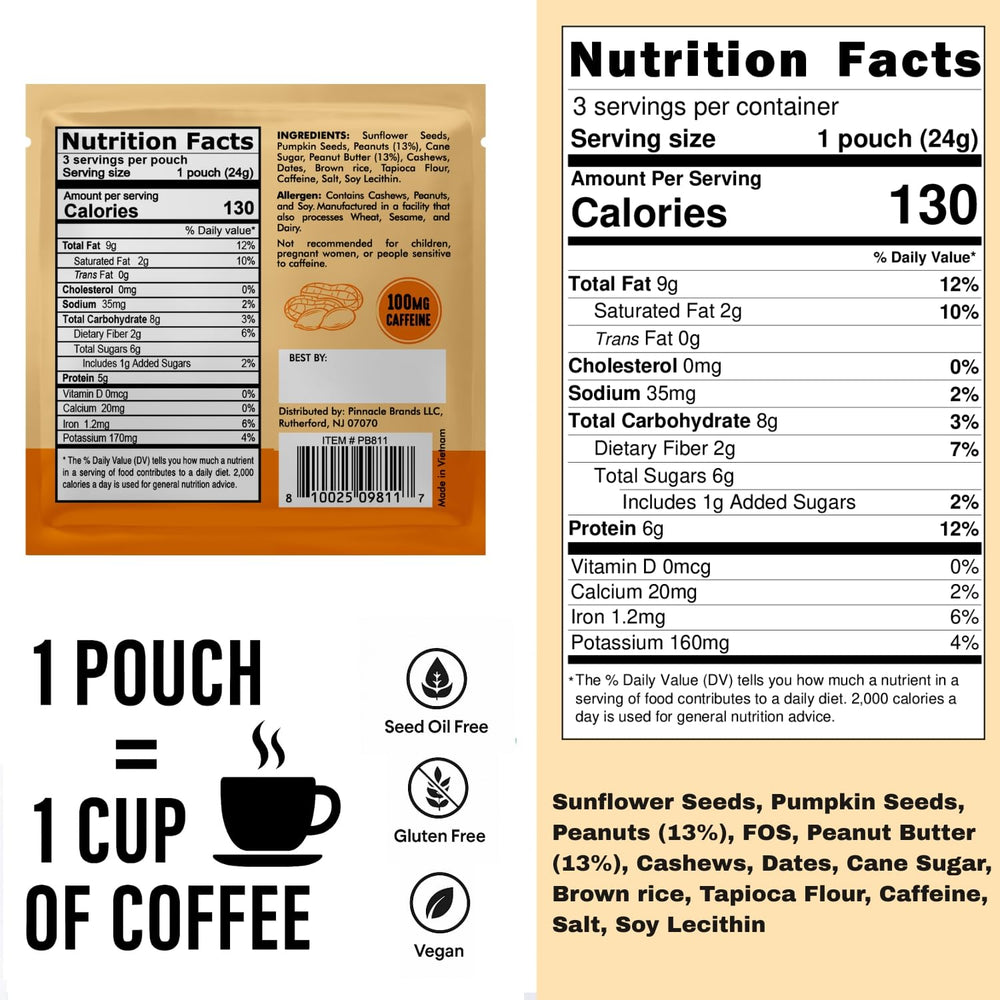 Nutrition label showing 130 calories and 100 mg caffeine per bite