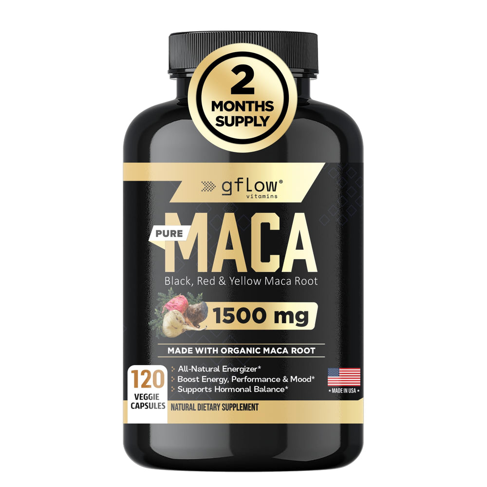 Front view of Gflow Organic Maca Root Capsules for Women and Men - 120 vegan pills, USA-made