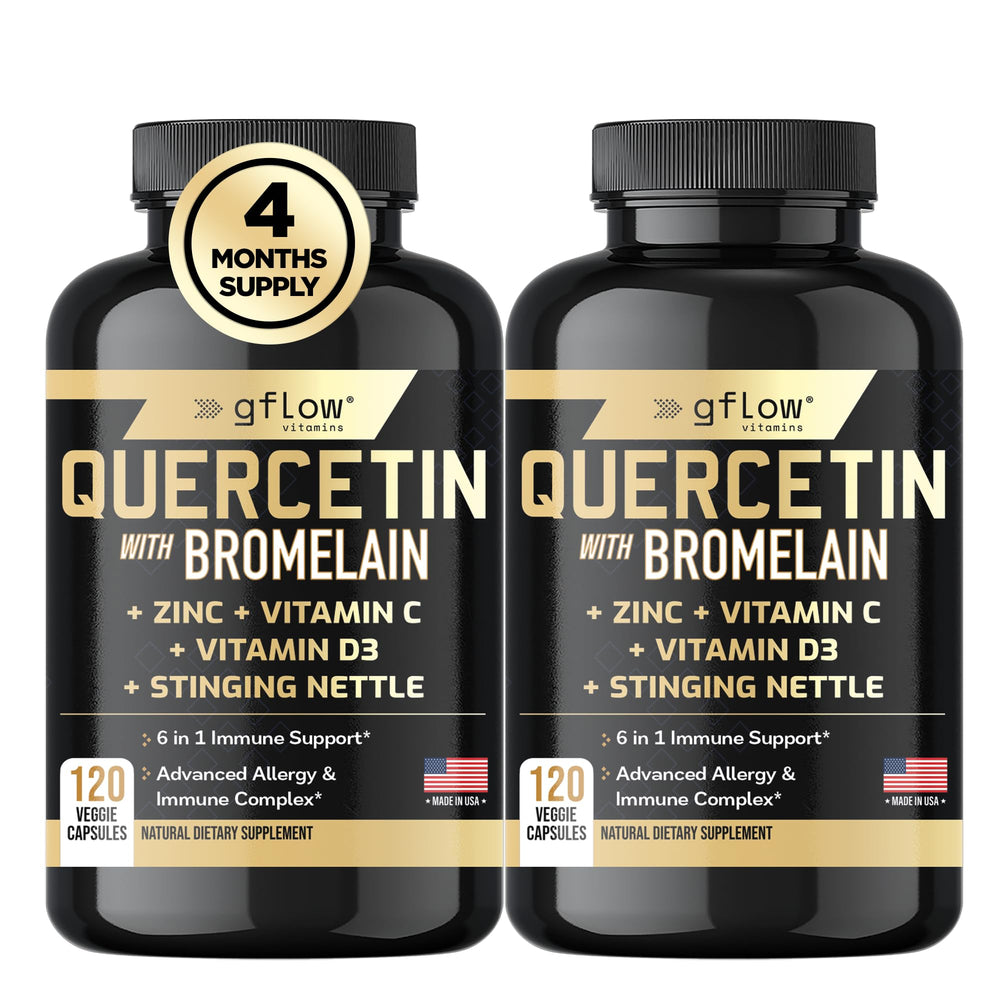 Bottle of Gflow Quercetin with Bromelain and Stinging Nettles immune support capsules