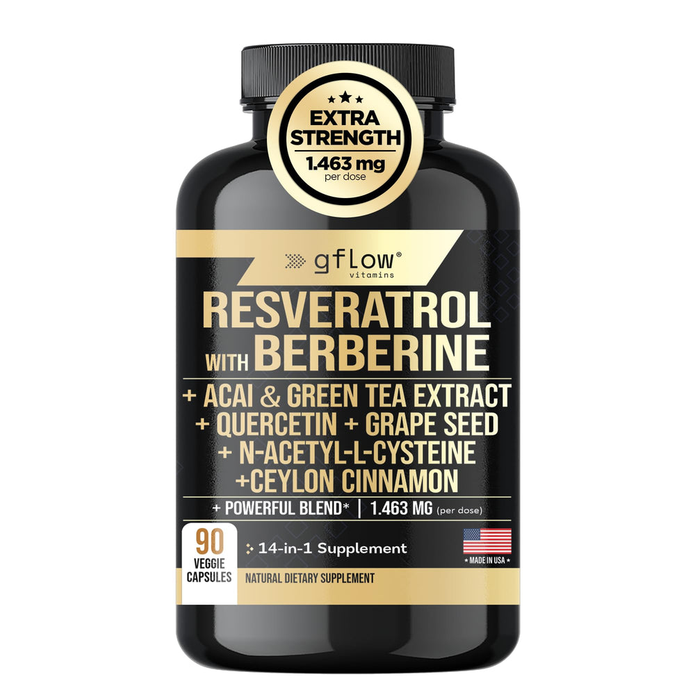 Bottle of Gflow vitamins with Resveratrol, Berberine, and Green Tea Extract