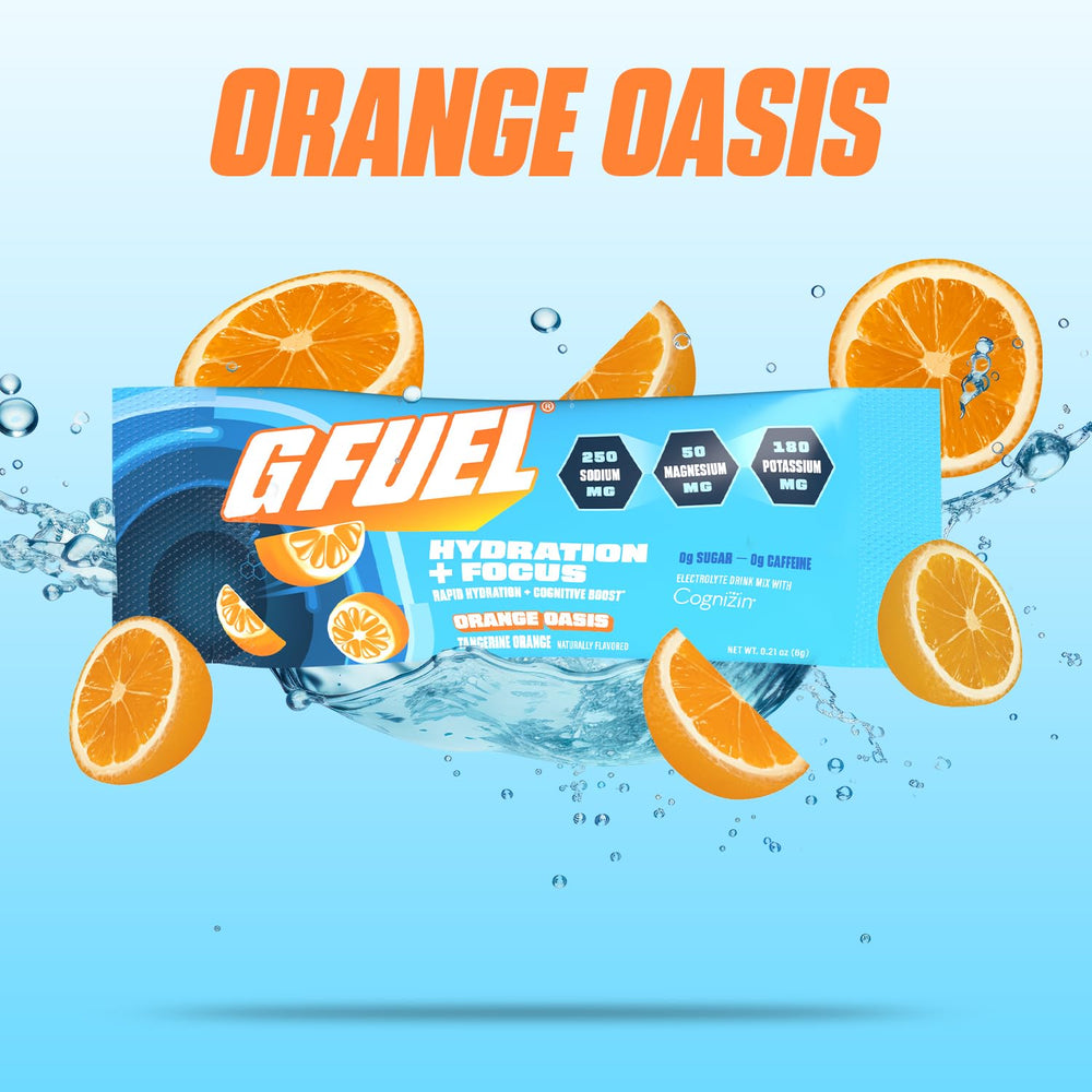 G Fuel Electrolytes Orange Oasis in a glass shows sugar-free hydration for focus.