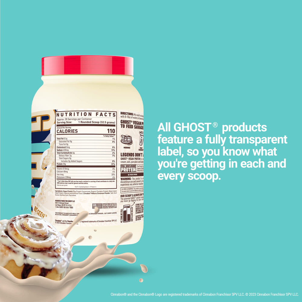 Nutrition facts panel of GHOST VEGAN CINNABON protein
