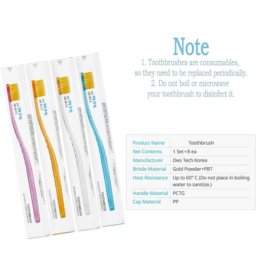 Eight-pack toothbrush in four colors (pink, yellow, white, blue) with ergonomic PCTG handle