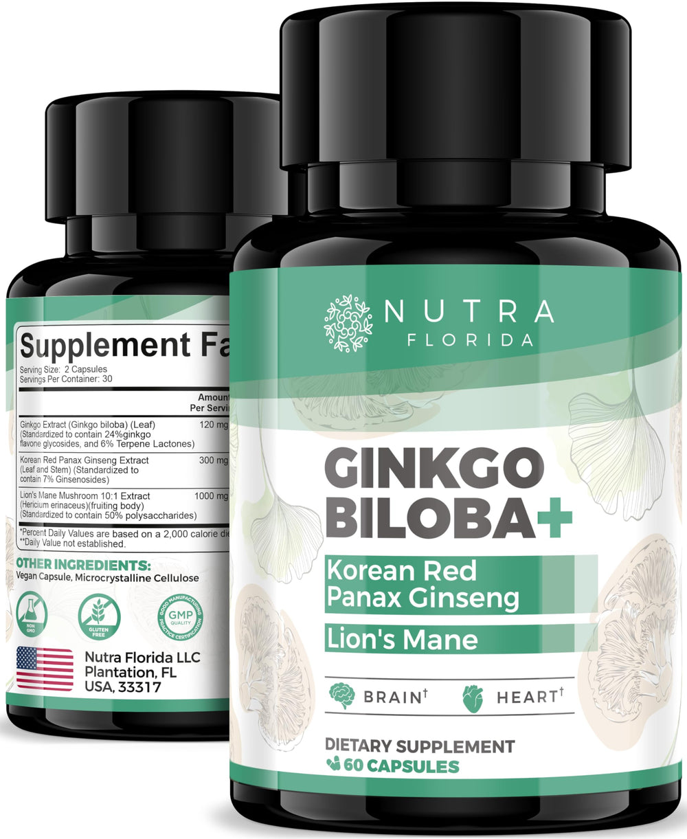 Product image showing Ginkgo Biloba 120mg, Korean Red Ginseng 300mg, and Lion's Mane capsules