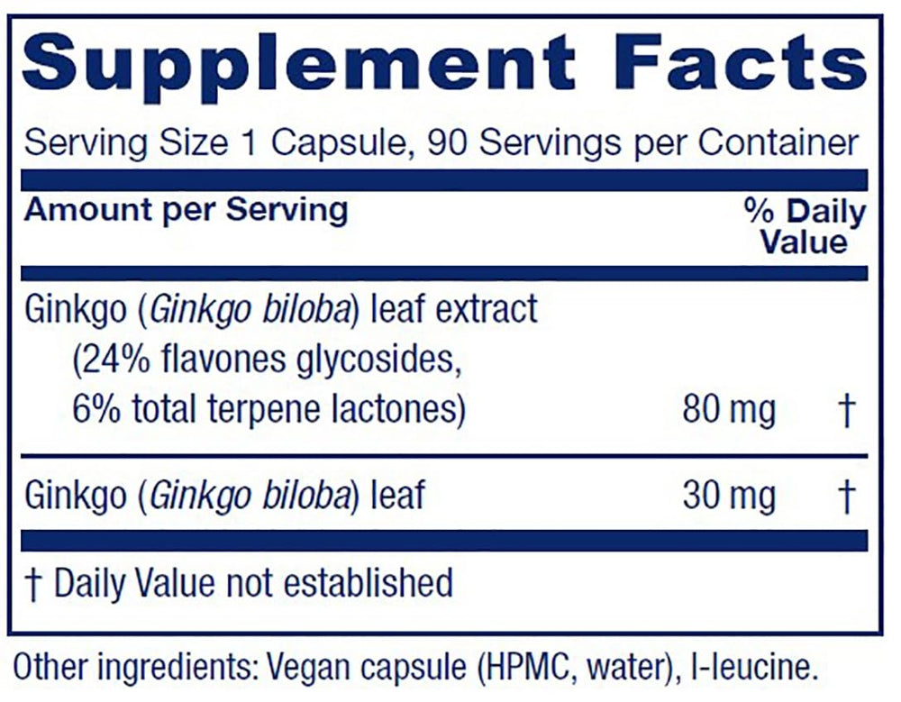 Bottle label showing 90 capsules of Ginkgo Biloba extract