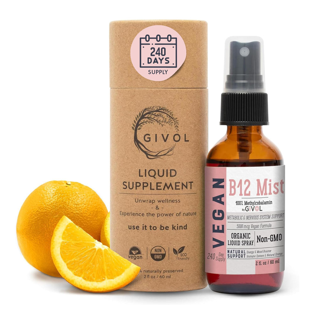Front view of GIVOL B12 liquid mist bottle 5000mcg