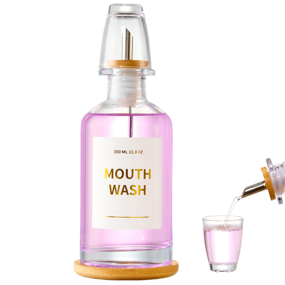 Clear glass mouthwash bottle with 11.8oz capacity