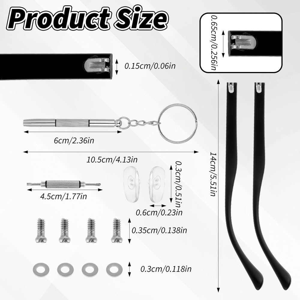 Repair kit components: screwdriver, screws, washers, and nose pads