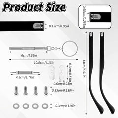 Repair kit components: screwdriver, screws, washers, and nose pads