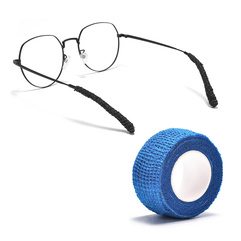 Blue glasses ear cushion bandage wrapped around temple end
