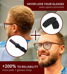 Package contents: storage case, cleaning cloth, red glasses strap and instructions