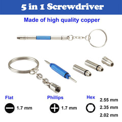 Close-up of 5-in-1 mini screwdriver kit for eyewear with hex, flat, and Phillips tips