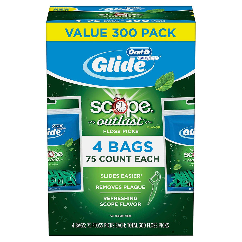 Glide Plusx 40mm Outlast mint floss picks with Scope, 4 packs of 75