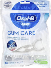 Glide Pro-Health Advanced Floss Picks packaging showing 30 floss picks in a pack of 10