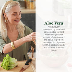 Fresh Aloe Vera leaf alongside 200x concentrate bottle