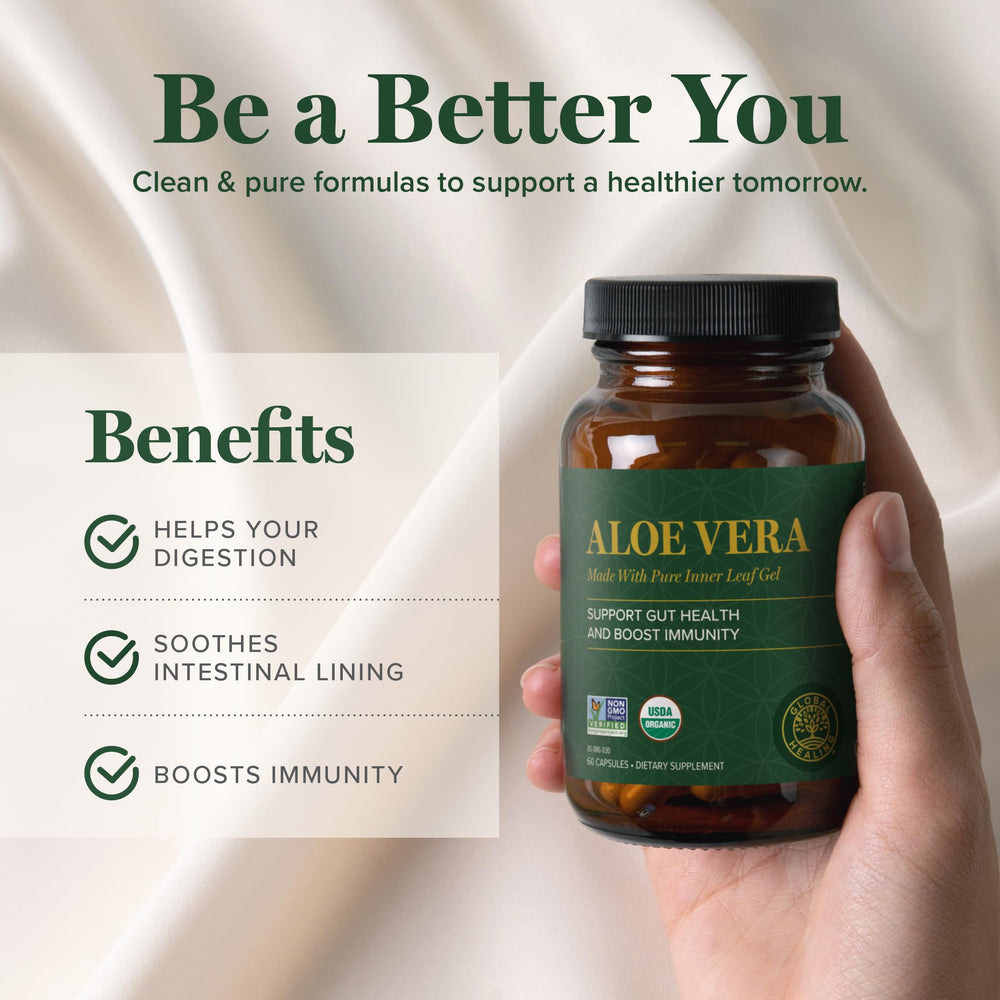 Aloe Vera capsules displayed with nutrient icons