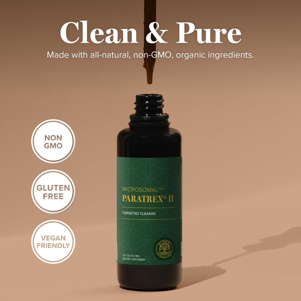 Global Healing Paratrex II US facility tag implies quality manufacturing standards.