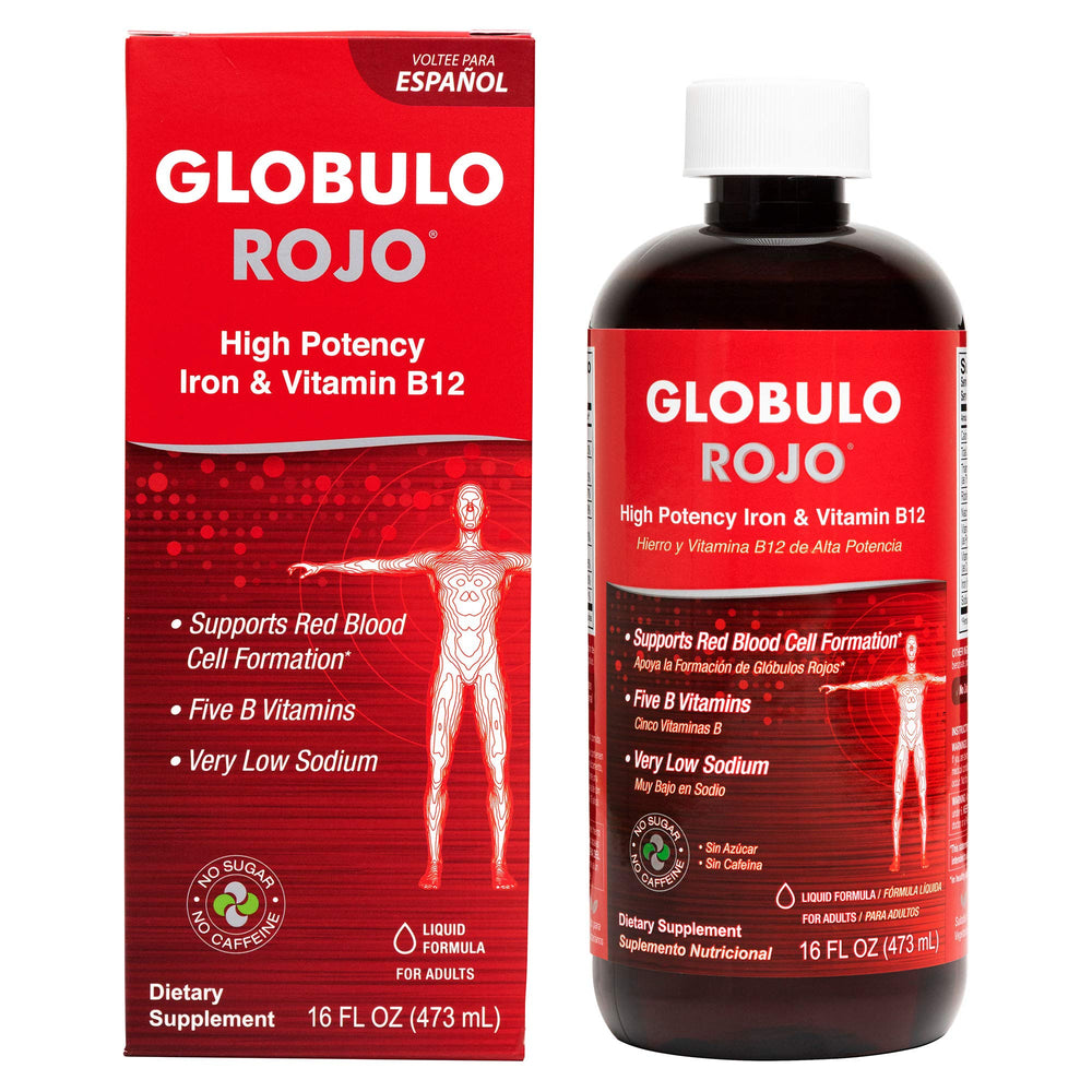 Front view of Globulo Rojo Iron Supplement bottle and label